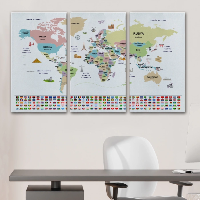 Türkçe Dünya Haritası Ülke Bayrak ve Başkentli Kanvas Tablo 1938