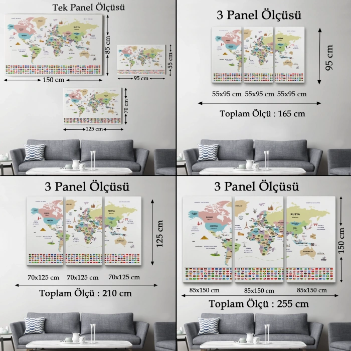 Türkçe Dünya Haritası Ülke Bayrak ve Başkentli Kanvas Tablo 1938
