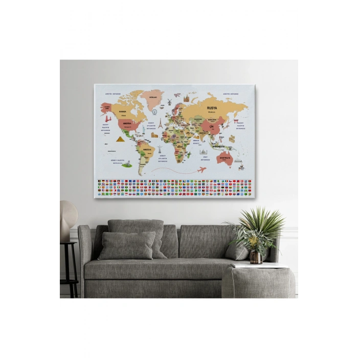 Türkçe Dünya Haritası Ülke Bayrak ve Başkentli Kanvas Tablo 1940