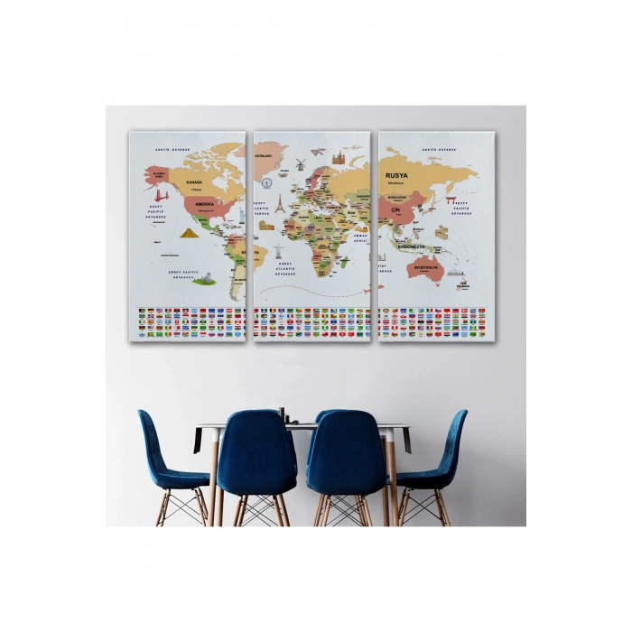 Türkçe Dünya Haritası Ülke Bayrak ve Başkentli Kanvas Tablo 1940