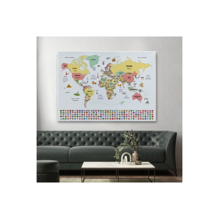 Türkçe Dünya Haritası Ülke Bayrak ve Başkentli Kanvas Tablo 1944