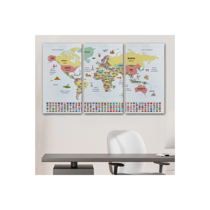 Türkçe Dünya Haritası Ülke Bayrak ve Başkentli Kanvas Tablo 1944