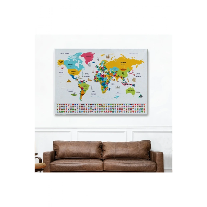 Türkçe Dünya Haritası Ülke Bayrak ve Başkentli Kanvas Tablo 1948
