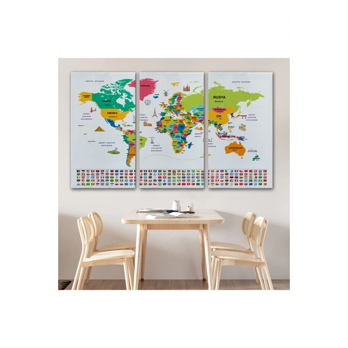 Türkçe Dünya Haritası Ülke Bayrak ve Başkentli Kanvas Tablo 1950
