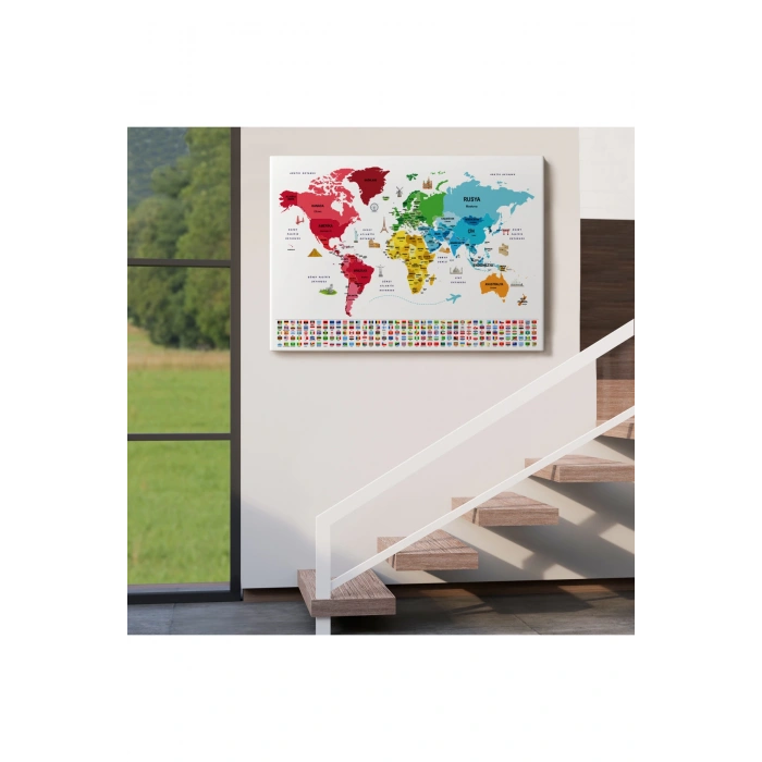 Türkçe Dünya Haritası Ülke Bayrak ve Başkentli Kanvas Tablo 1958