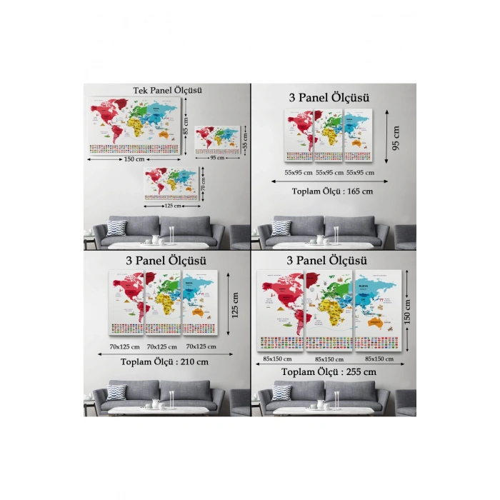 Türkçe Dünya Haritası Ülke Bayrak ve Başkentli Kanvas Tablo 1958