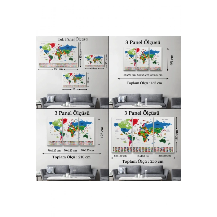 Türkçe Dünya Haritası Ülke Bayrak ve Başkentli Kanvas Tablo 1962