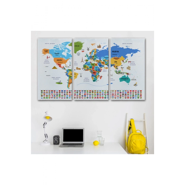 Türkçe Dünya Haritası Ülke Bayrak ve Başkentli Kanvas Tablo 1966