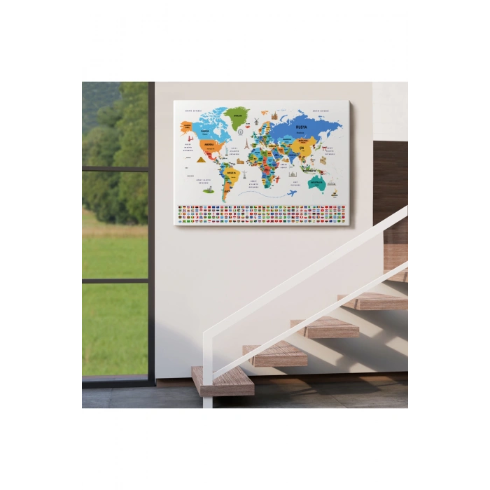 Türkçe Dünya Haritası Ülke Bayrak ve Başkentli Kanvas Tablo 1966