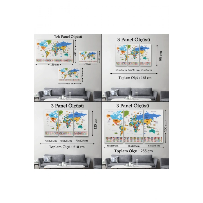 Türkçe Dünya Haritası Ülke Bayrak ve Başkentli Kanvas Tablo 1966