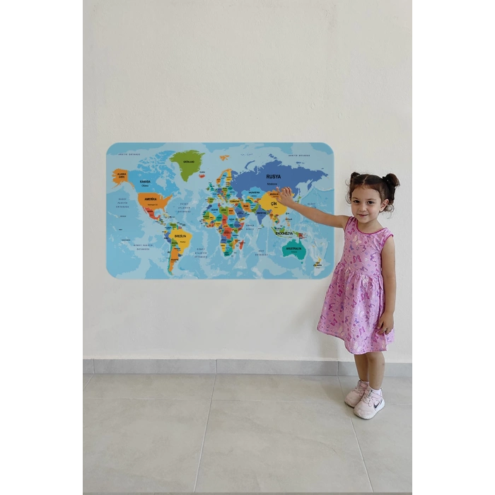 Türkçe Eğitici Ülke ve Başkent Detaylı Atlası Dünya Haritası Duvar Sticker -60x105-3831