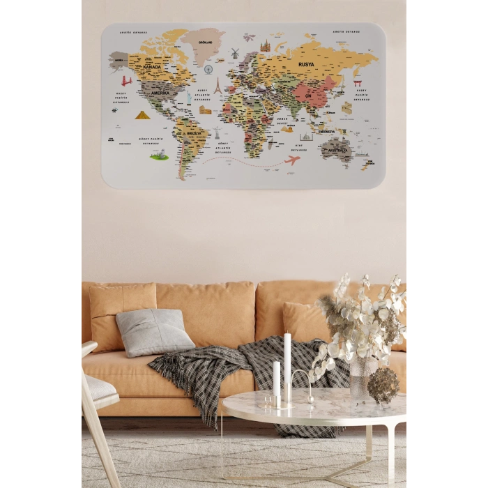 Türkçe Eğitici Ülke ve Başkent Detaylı Atlası Dünya Haritası Duvar Sticker -60x105-3854