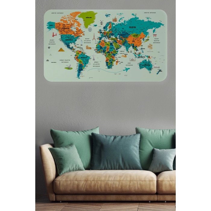 Türkçe Eğitici Ülke ve Başkent Detaylı Atlası Dünya Haritası Duvar Sticker -60x105-3855