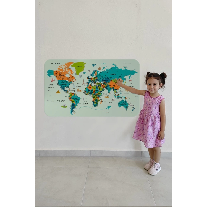 Türkçe Eğitici Ülke ve Başkent Detaylı Atlası Dünya Haritası Duvar Sticker -60x105-3855