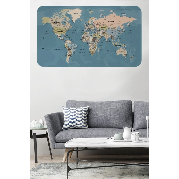 Türkçe Eğitici Ülke ve Başkent Okyanus Detaylı Atlası  Dünya Haritası Duvar Sticker -60x105-3836