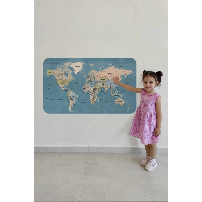 Türkçe Eğitici Ülke ve Başkent Okyanus Detaylı Atlası  Dünya Haritası Duvar Sticker -60x105-3836