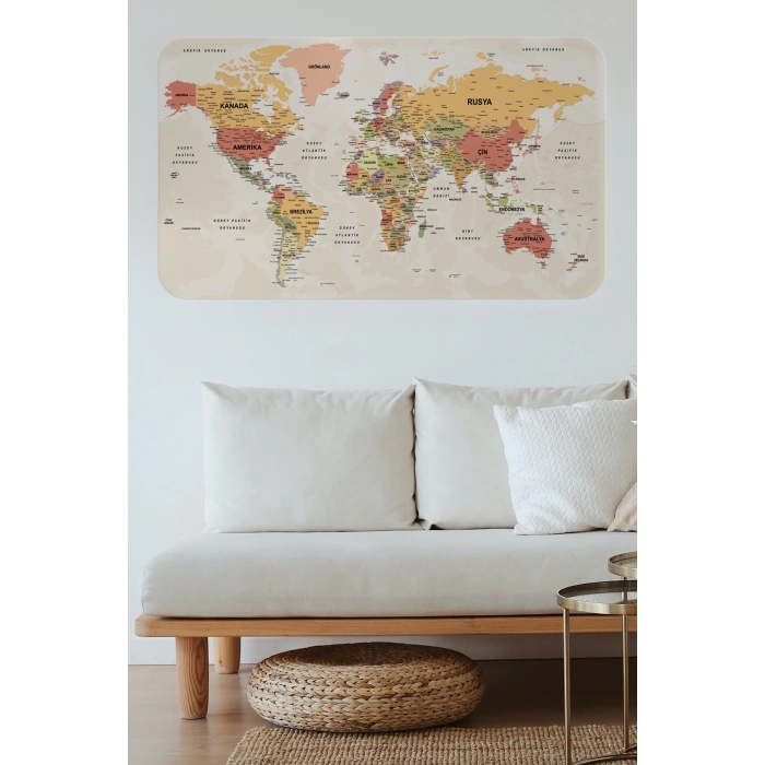 Türkçe Eğitici Ülke ve Başkent Okyanus Detaylı Atlası  Dünya Haritası Duvar Sticker -60x105-3837