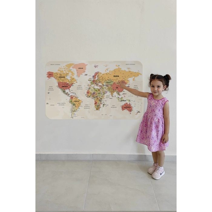 Türkçe Eğitici Ülke ve Başkent Okyanus Detaylı Atlası  Dünya Haritası Duvar Sticker -60x105-3837