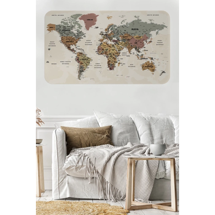Türkçe Eğitici Ülke ve Başkent Okyanus Detaylı Atlası  Dünya Haritası Duvar Sticker -60x105-3838