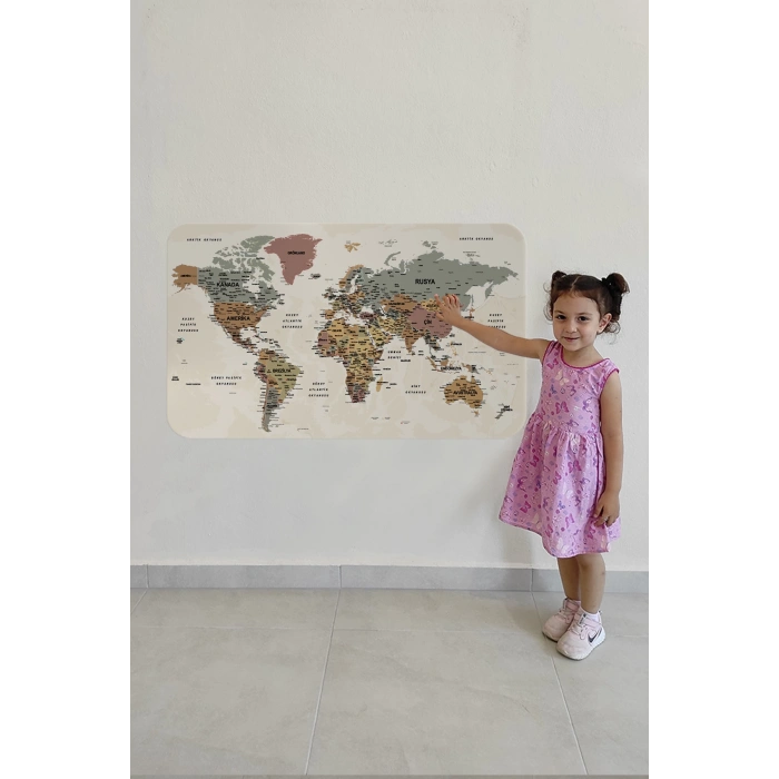 Türkçe Eğitici Ülke ve Başkent Okyanus Detaylı Atlası  Dünya Haritası Duvar Sticker -60x105-3838