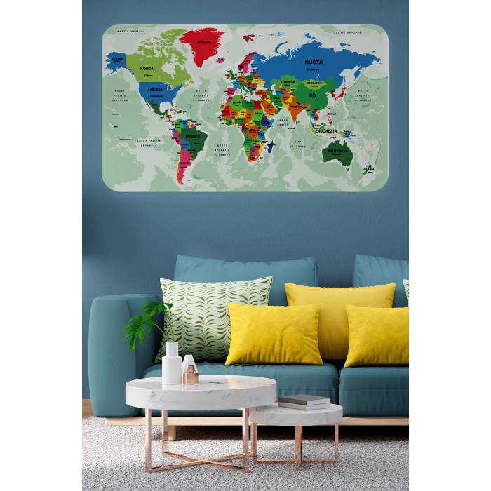 Türkçe Eğitici Ülke ve Başkent Okyanus Detaylı Atlası  Dünya Haritası Duvar Sticker -60x105-3840