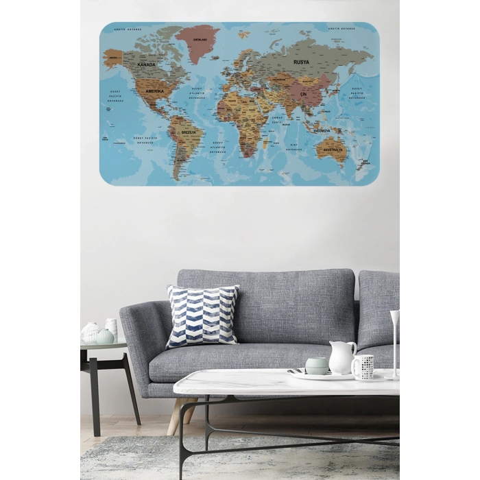Türkçe Eğitici Ülke ve Başkent Okyanus Detaylı Atlası  Dünya Haritası Duvar Sticker -60x105-3849