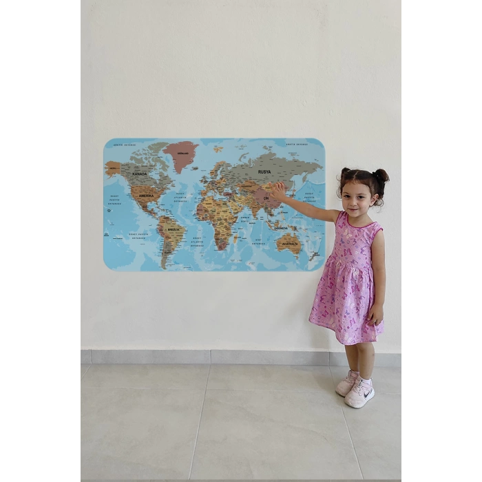 Türkçe Eğitici Ülke ve Başkent Okyanus Detaylı Atlası  Dünya Haritası Duvar Sticker -60x105-3849