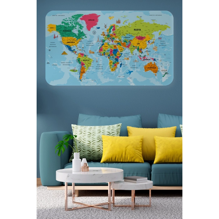 Türkçe Eğitici Ülke ve Başkent Okyanus Detaylı Atlası  Dünya Haritası Duvar Sticker -60x105-3865
