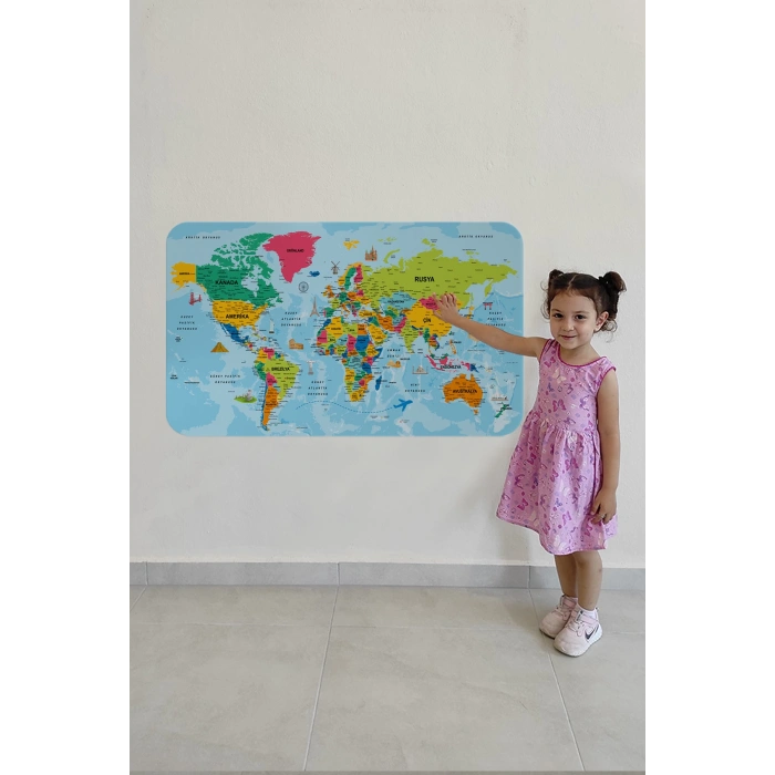 Türkçe Eğitici Ülke ve Başkent Okyanus Detaylı Atlası  Dünya Haritası Duvar Sticker -60x105-3865