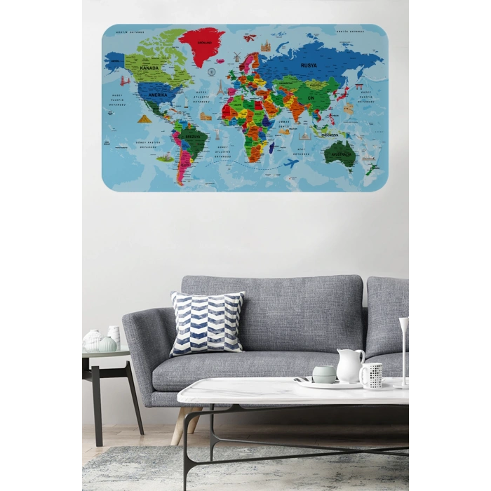 Türkçe Eğitici Ülke ve Başkent Okyanus Detaylı Atlası  Dünya Haritası Duvar Sticker -60x105-3866