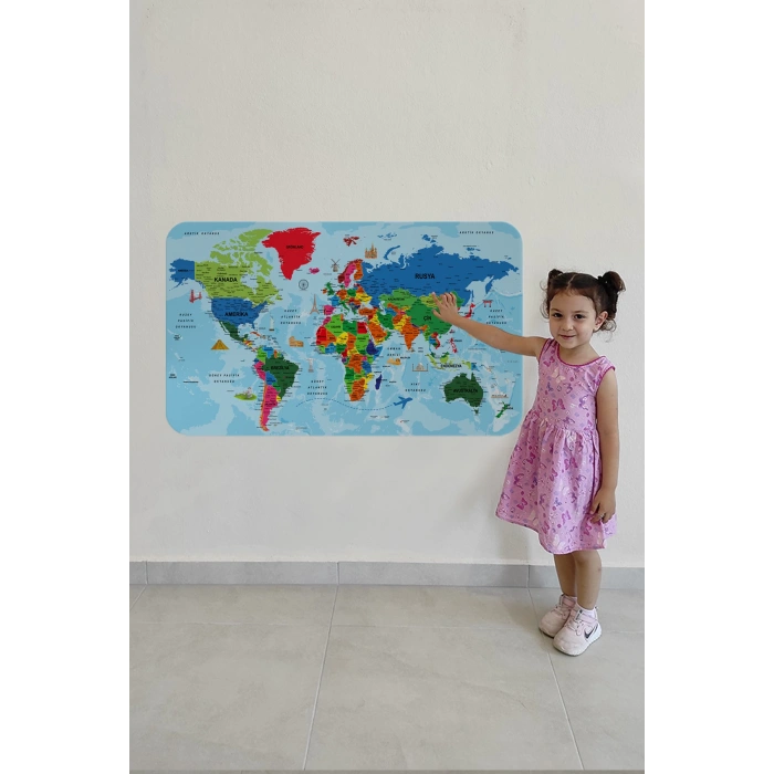 Türkçe Eğitici Ülke ve Başkent Okyanus Detaylı Atlası  Dünya Haritası Duvar Sticker -60x105-3866