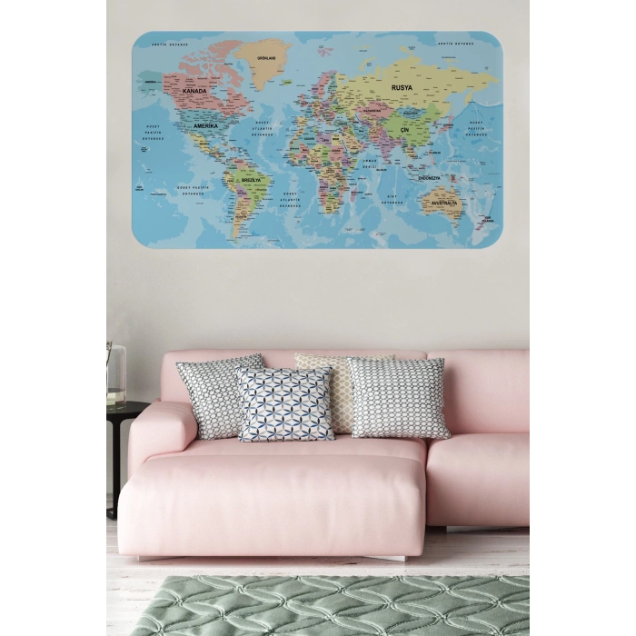 Türkçe Eğitici Ülke ve Başkent Okyanus Detaylı Atlası  Dünya Haritası Duvar Sticker -60x105-3869