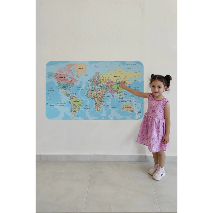 Türkçe Eğitici Ülke ve Başkent Okyanus Detaylı Atlası  Dünya Haritası Duvar Sticker -60x105-3869