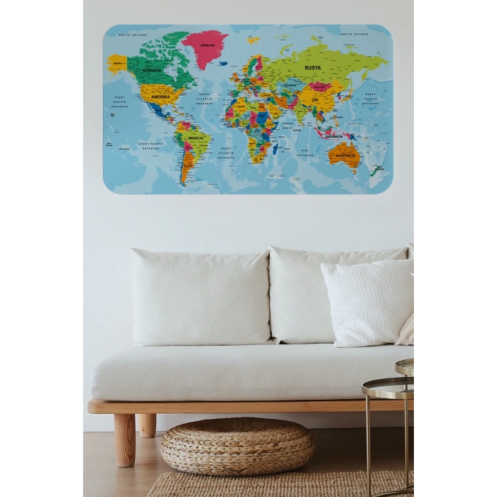 Türkçe Eğitici Ülke ve Başkent Okyanus Detaylı Atlası  Dünya Haritası Duvar Sticker -60x105-3870