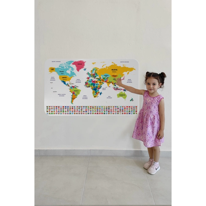 Türkçe Ülke Bayrak lı Eğitici Başkent Detaylı Atlası Dünya Haritası Duvar Sticker -60x105-3834