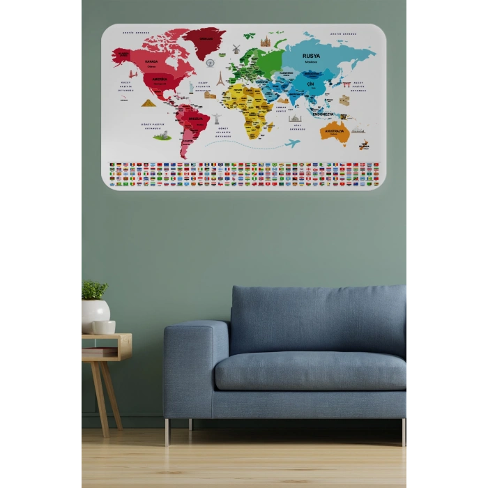 Türkçe Ülke Bayrak lı Eğitici Başkent Detaylı Atlası Dünya Haritası Duvar Sticker -60x105-3861