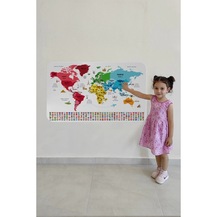 Türkçe Ülke Bayrak lı Eğitici Başkent Detaylı Atlası Dünya Haritası Duvar Sticker -60x105-3861