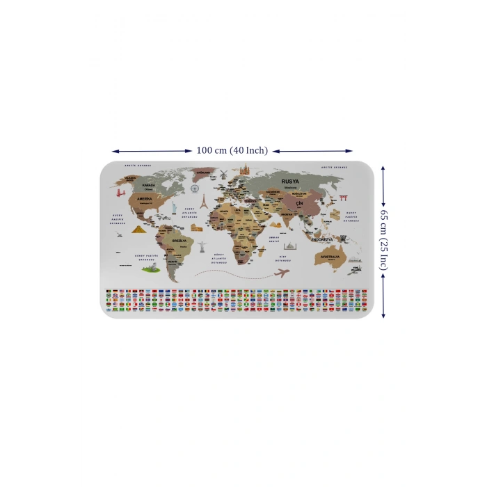 Türkçe Ülke Bayrak lı Eğitici Başkent Detaylı Atlası Dünya Haritası Duvar Sticker -60x105-3862