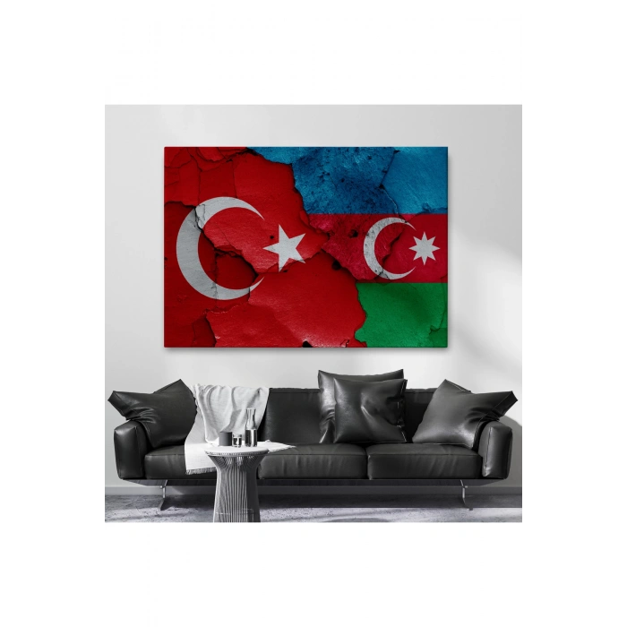Türkiye Azerbaycan Bayrak Desenli Dekoratif Kanvas Tablo-6516