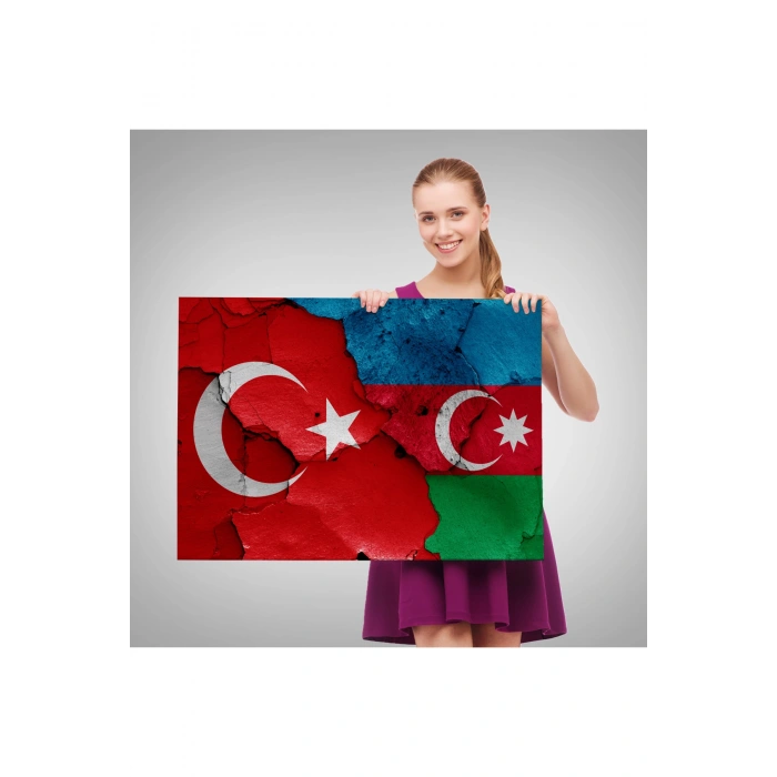 Türkiye Azerbaycan Bayrak Desenli Dekoratif Kanvas Tablo-6516
