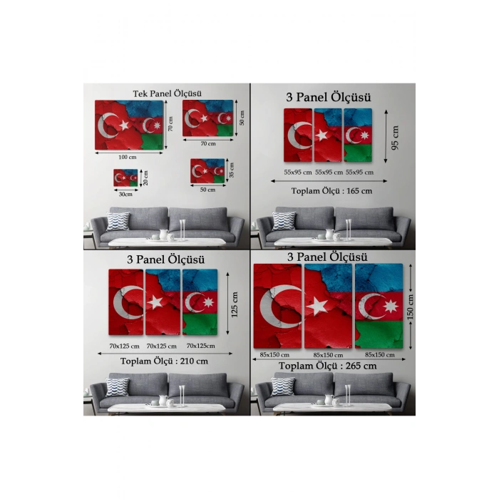 Türkiye Azerbaycan Bayrak Desenli Dekoratif Kanvas Tablo-6516