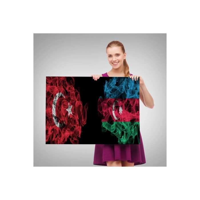 Türkiye Azerbaycan Bayrak Desenli Dekoratif Kanvas Tablo-6518