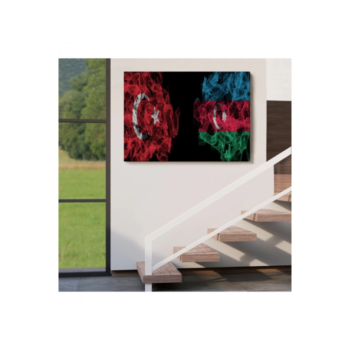 Türkiye Azerbaycan Bayrak Desenli Dekoratif Kanvas Tablo-6518