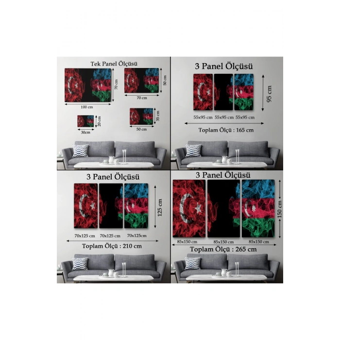 Türkiye Azerbaycan Bayrak Desenli Dekoratif Kanvas Tablo-6518