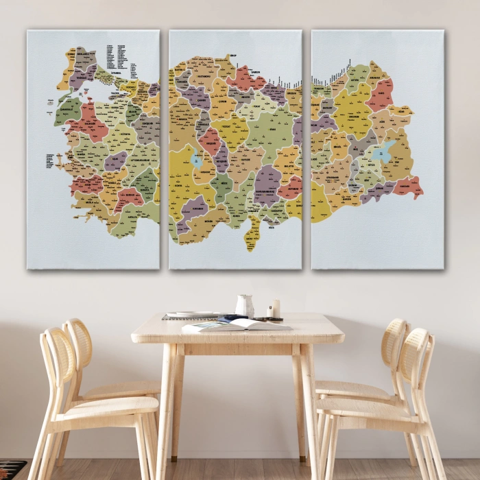 Türkiye Haritası Kanvas Tablo İl ve İlçeli Ayrıntılı Eğitici Dekoratif Tablo 3042
