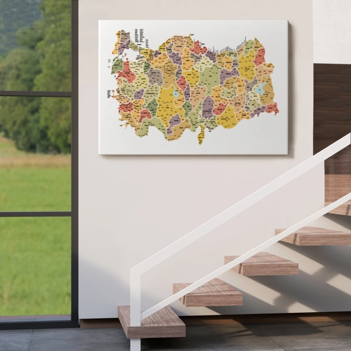 Türkiye Haritası Kanvas Tablo İl ve İlçeli Ayrıntılı Eğitici Dekoratif Tablo 3042