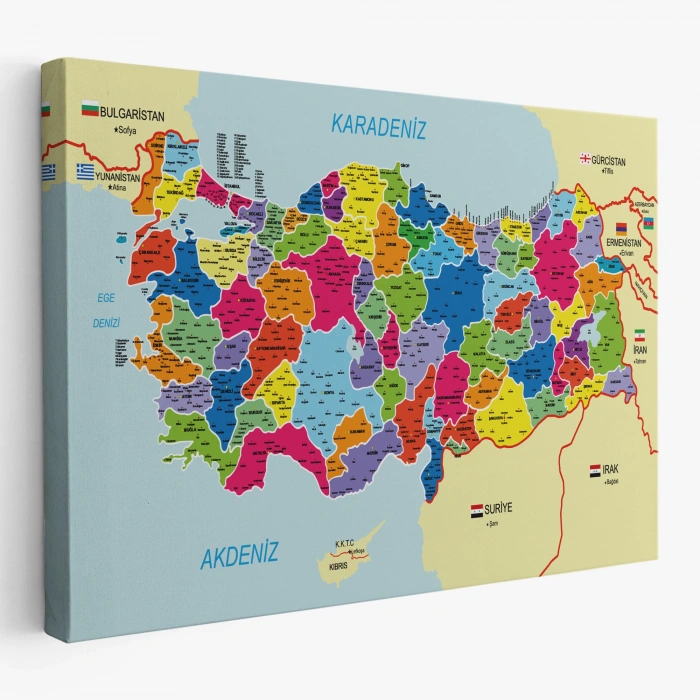 Türkiye Haritası Kanvas Tablo İl ve İlçeli Ayrıntılı Eğitici Komşulu Dekoratif Tablo 3005