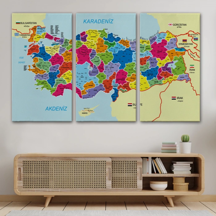 Türkiye Haritası Kanvas Tablo İl ve İlçeli Ayrıntılı Eğitici Komşulu Dekoratif Tablo 3005