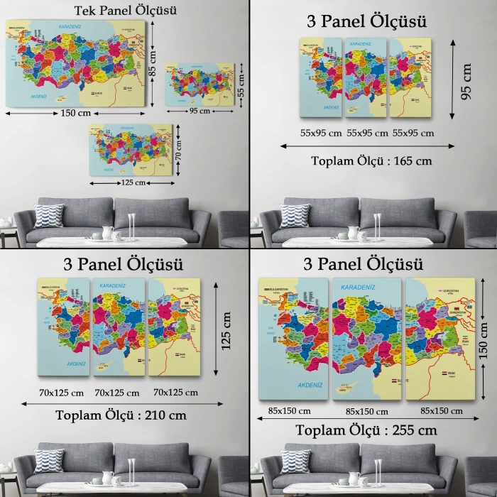 Türkiye Haritası Kanvas Tablo İl ve İlçeli Ayrıntılı Eğitici Komşulu Dekoratif Tablo 3005