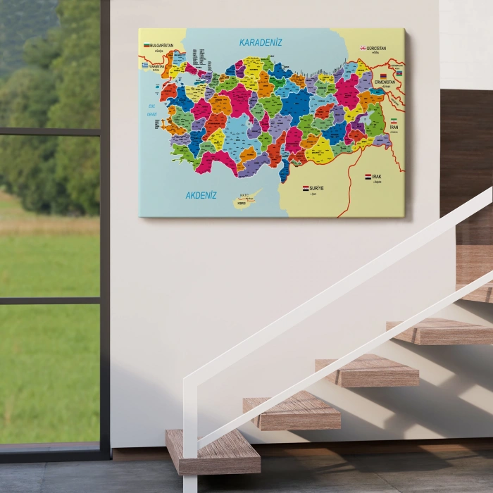 Türkiye Haritası Kanvas Tablo İl ve İlçeli Ayrıntılı Eğitici Komşulu Dekoratif Tablo 3005